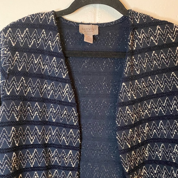 Chico’s Easywear Navy Chevron Shimmery Open Front Cardigan Size 2/Large - Picture 2 of 10